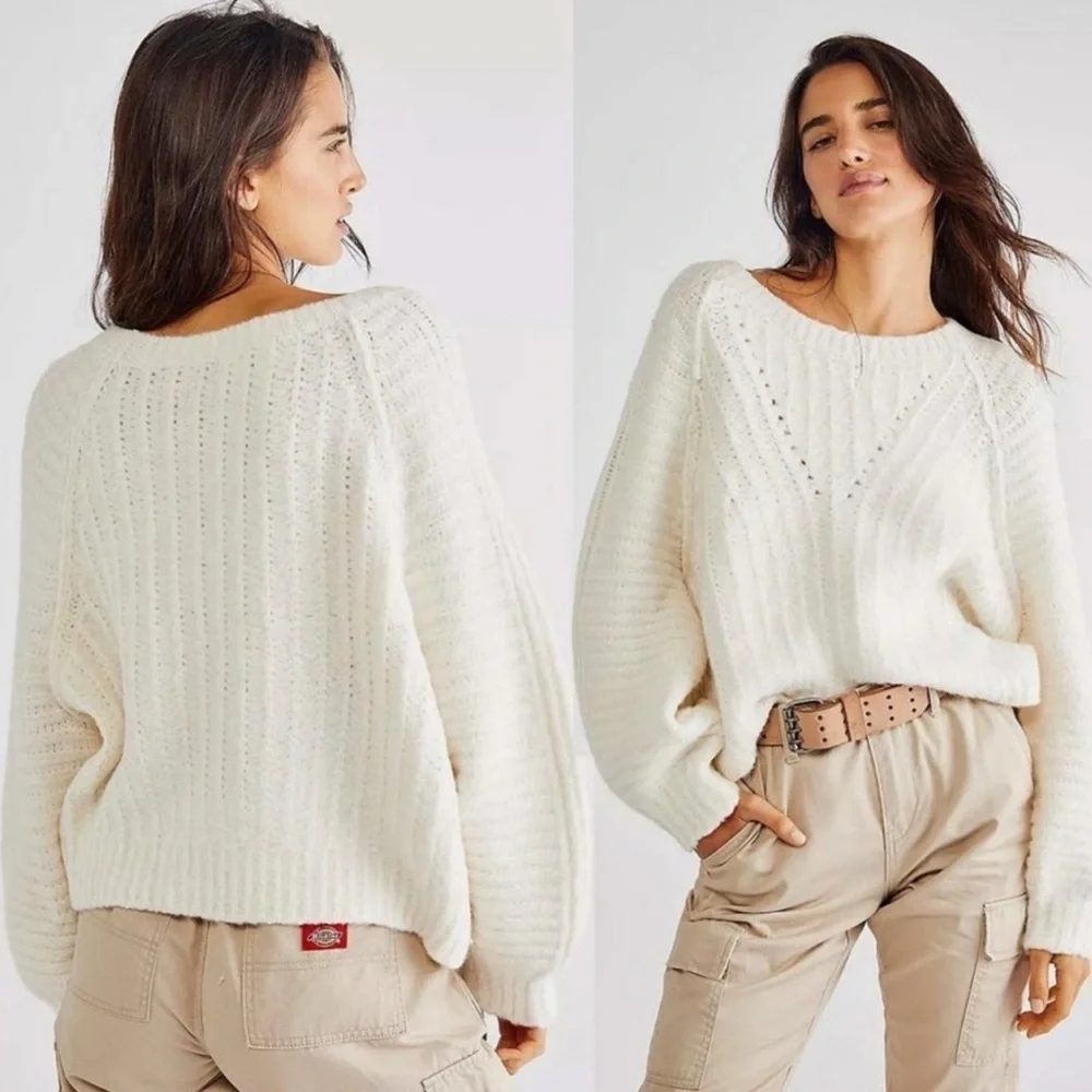 Free People Carter Pullover Sweater in Ivory Size M - Picture 6 of 8